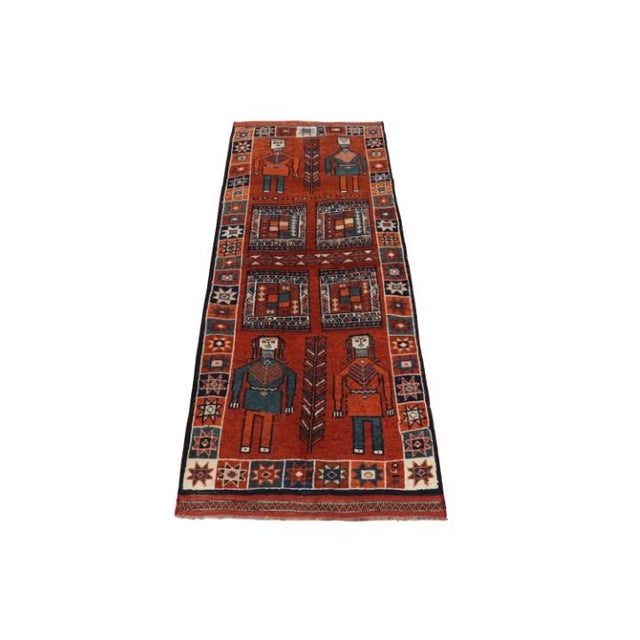 Tribal 1950s Vintage Tribal Rug in Orange, Red and Blue Pictorial Patterns For Sale - Image 3 of 6