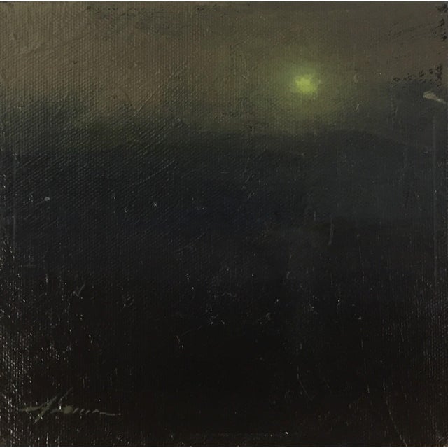 Color of Night by Jason Sacran | Oil on panel dark landscape with a glowing light For Sale