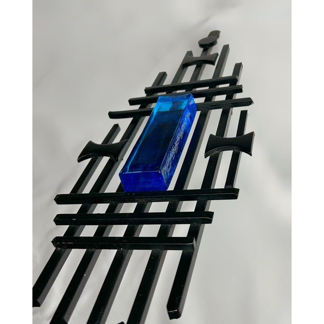 Large Brutalist Danish Wall Candleholder in Wrought Iron and Blue Glass from Dantoft, 1960s For Sale - Image 4 of 6