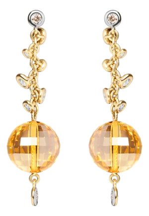 18K Yellow Gold 2/3 Cttw Round Bezel Diamond and 25mm Ball Shaped Yellow Citrine Gemstone Dangle Stud Earrings, A Pair