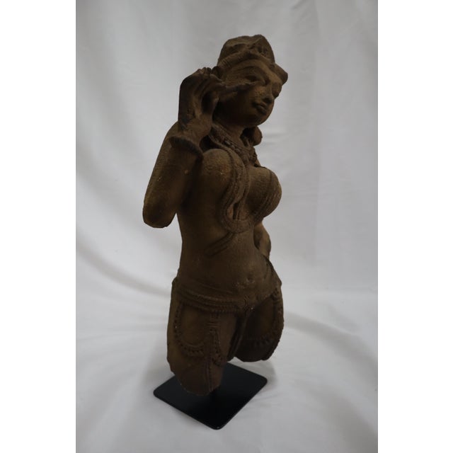 Brown Hindu Celestial Beauty (Surasundari or Aspara) Antique Indian Statue on Stand For Sale - Image 8 of 11