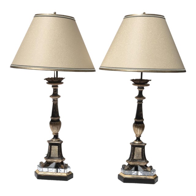 Pair of Italian Neoclassical Black and Silver-Gilt Candlestick Lamps Circa 1820 For Sale