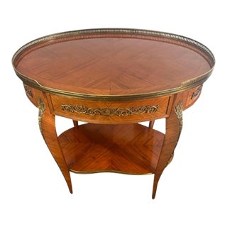 1960s Louis XVI Style French Herringbone Pattern Oval Table With Bronze Gallery and Mounts For Sale