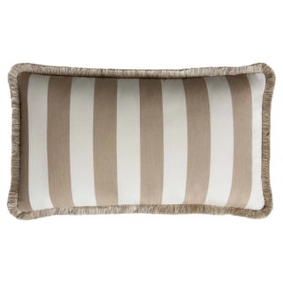 Striped Outdoor Happy Pillow Beige and White with Fringes For Sale