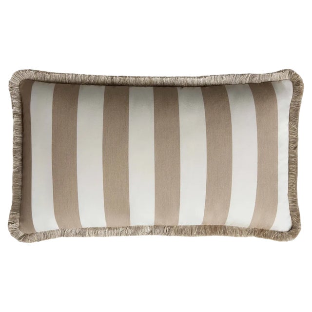 Striped Outdoor Happy Pillow Beige and White with Fringes For Sale