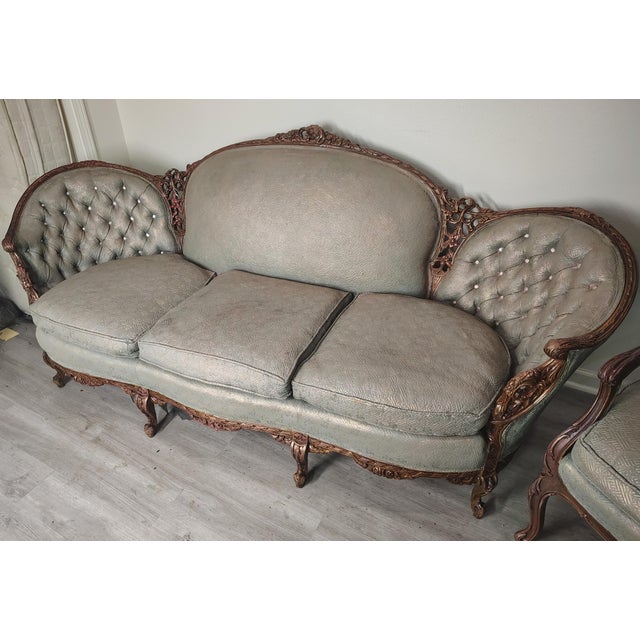 Custom Artisan Finish Carved Walnut Sofa & Chair Set - Iridescent Finish & "Indestructible" Leather-Feel This is not just...