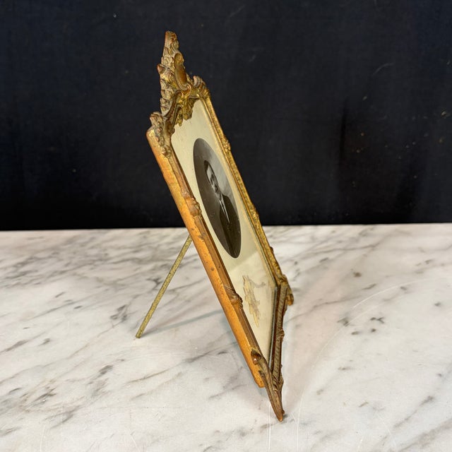 Antique French Ornate Gilt Metal Photo Frame With Original Portrait & Pressed Edelweiss For Sale In Portland, ME - Image 6 of 7