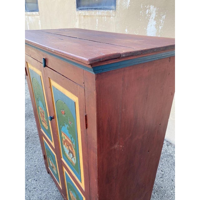 Late 20th Century Country Farmhouse Red & Blue Forest Carved Wardrobe Tv Entertainment Cabinet For Sale - Image 9 of 12