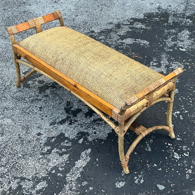 Late 20th Century Vintage Coastal Woven Rattan Bench For Sale - Image 5 of 7