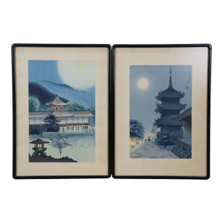 Mid 20th Century Japanese Tokuriki Asada Pagoda Temple Moonlight Woodblock Prints 20" - Set of 2 For Sale