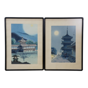 Mid 20th Century Japanese Tokuriki Asada Pagoda Temple Moonlight Woodblock Prints 20" - Set of 2