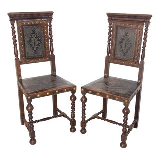 Middle Easter Oak and Leather Chairs with Studs 1920, Set of 2 For Sale