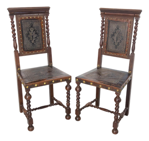 Middle Easter Oak and Leather Chairs with Studs 1920, Set of 2
