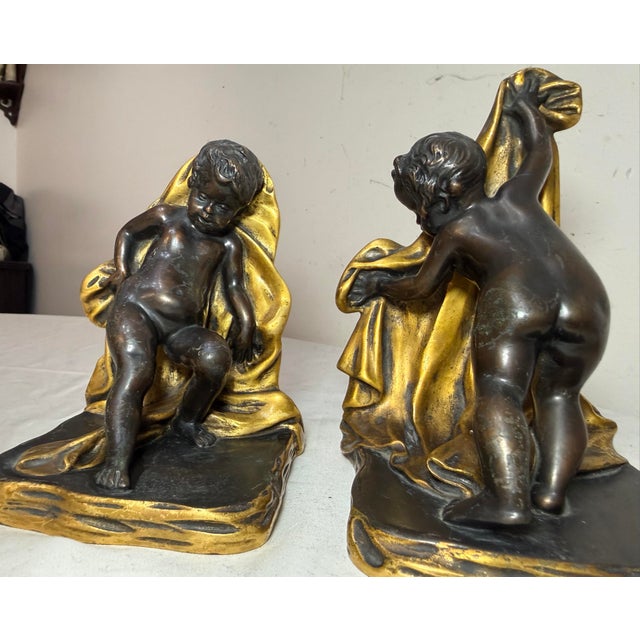 Pair of Antique 1800's Sterling Bronze Co Cherub Putti Ormolu Patinated Bookends For Sale - Image 10 of 17