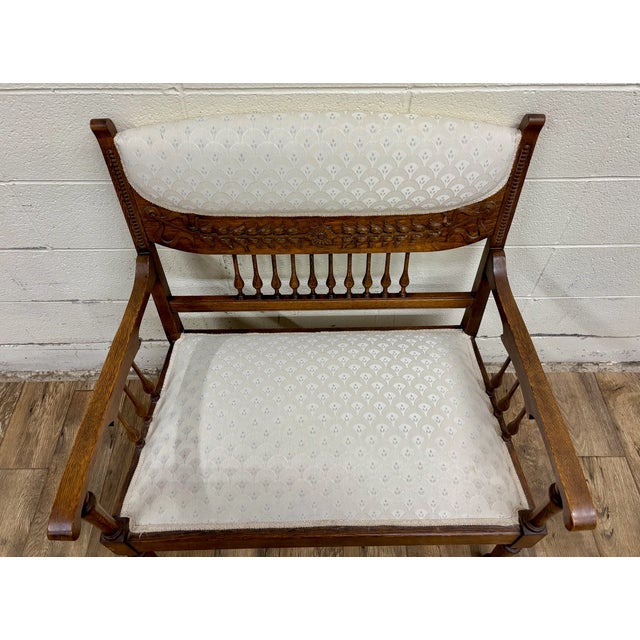 Antique Carved Spindle Back Carved Upholstered Settee For Sale In Kansas City - Image 6 of 10