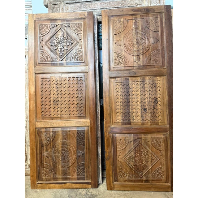 Hand Carved Teak Wood Barn Door Geometric Medallion Three Panel Farmhouse Sliding Door 96x36 For Sale In Orlando - Image 6 of 8