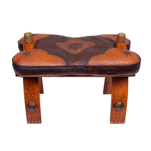 Mid-Century Modern Two-Tone Leather Camel Seat, Egypt, 1960s For Sale - Image 3 of 11
