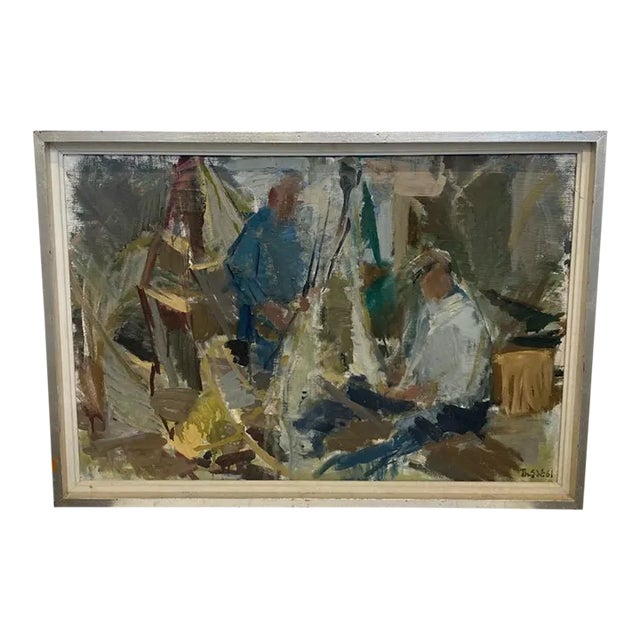 Mid-Century Untitled Fishermen Painting by Thure Wahlstrom For Sale
