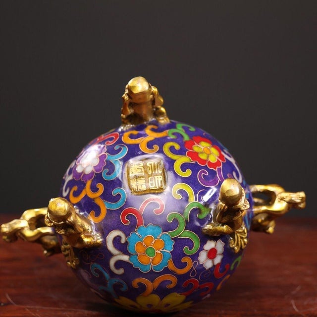 Purple Late 19th Century Cloisonné Enamel Tripod Censer With Foo Dog Finial, 790g For Sale - Image 8 of 9