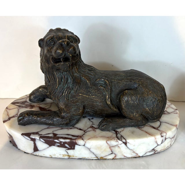 Neoclassical Neoclassical Style Italian Bronze Lions on Marble Sculptures For Sale - Image 3 of 5