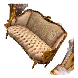 French Rococo Style Sofa – Beige Velvet & Damask Upholstery With Gilded Gold Leaf Frame For Sale