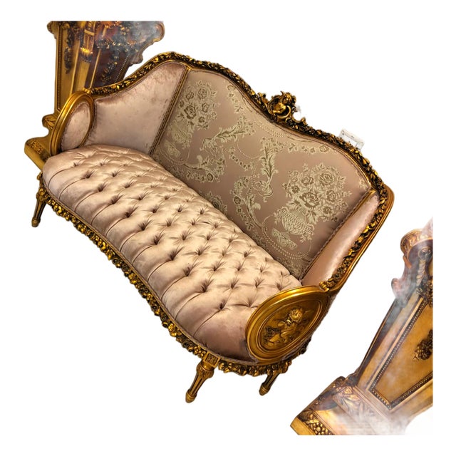 French Rococo Style Sofa – Beige Velvet & Damask Upholstery With Gilded Gold Leaf Frame For Sale