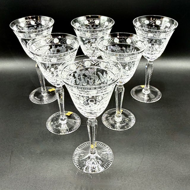 Meissen Crystal Wine Glasses, Floral Engraved & Cane Cut, German Bleikristall, 1960s, Set of 6 For Sale - Image 12 of 18