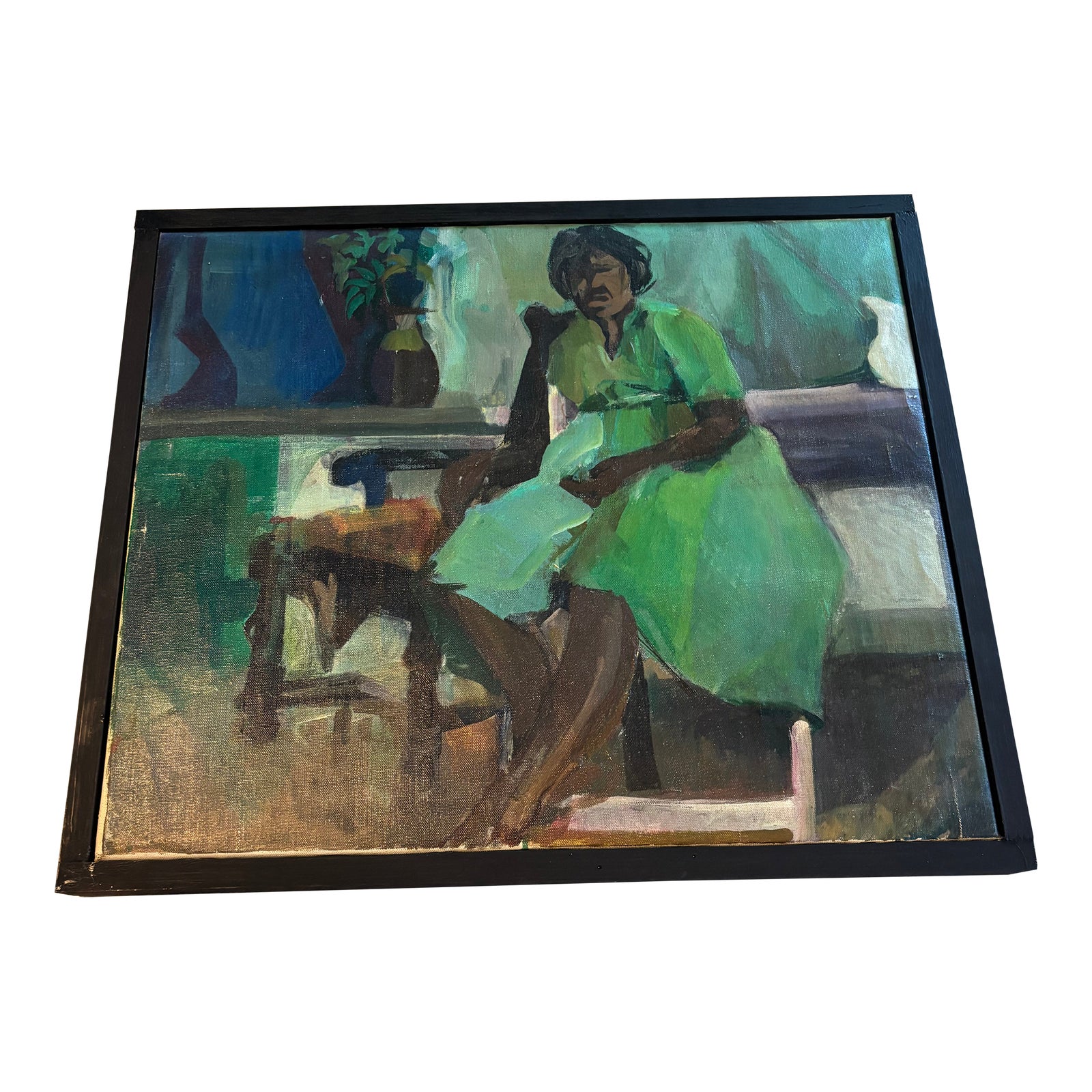 Original Mid-Century California Modernist Oil Painting  Woman in Green  Dress | Chairish