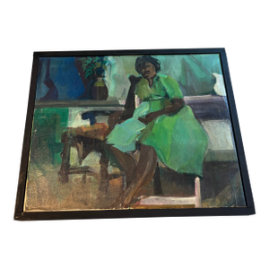 Original Mid-Century California Modernist Oil Painting – Woman in Green Dress