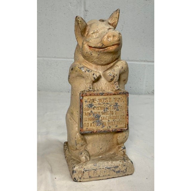 Figurative Antique Thrifty Be Wise Metal Pig Hand Painted Cast Metal Coin Still Dime Bank For Sale - Image 3 of 10