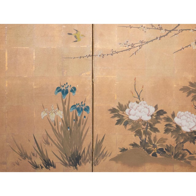 "Plum Blossom, Peony, Iris" by Kokei, 1970s Showa Era Japanese Painted Byobu Screen For Sale - Image 4 of 18