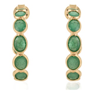 4.2 Carat Emerald Oval Chic Hoop Earrings in 18k Solid Gold for Women- A Pair For Sale