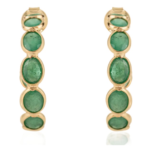 4.2 Carat Emerald Oval Chic Hoop Earrings in 18k Solid Gold for Women- A Pair For Sale