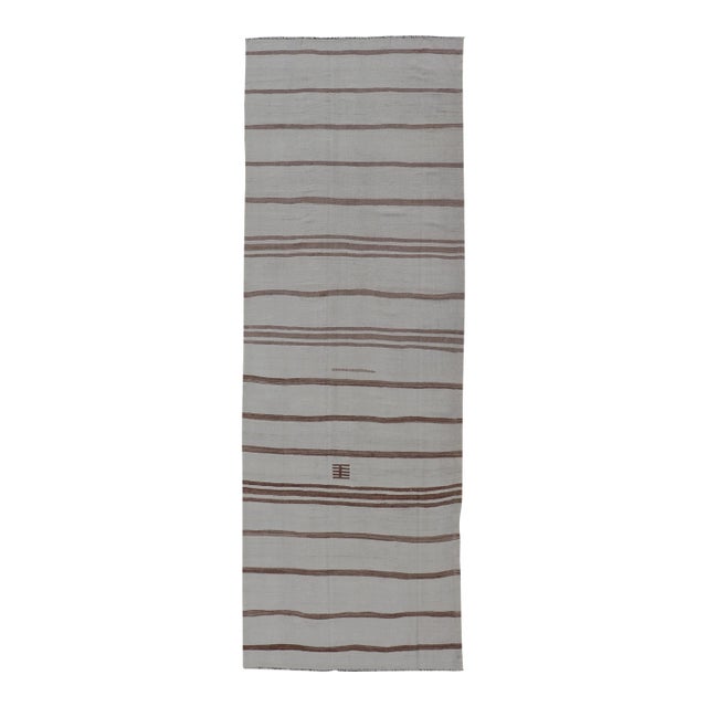 Vintage Gallery Turkish Kilim With Stripes in Ivory, Taupe and Brown 4'1" X12'7 For Sale
