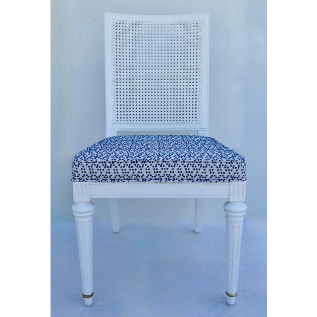 1960s Vintage White Neoclassical Double-Caned, Straight-Back Armless Dining Chairs, Newly Refinished & Upholstered - Set of 4 For Sale - Image 5 of 14