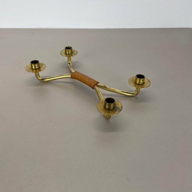 Modern Brutalist Brass and Leather Candleholder in the style of Auböck, 1950s For Sale - Image 4 of 18
