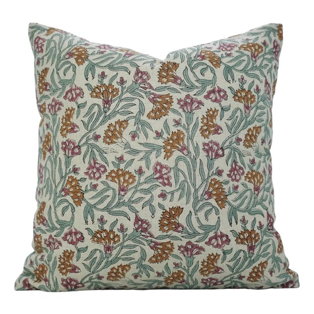 Fabdivine Handcrafted Block Print Cushion Cover 22x22 Inch Pure Linen-Thorny Stems For Sale