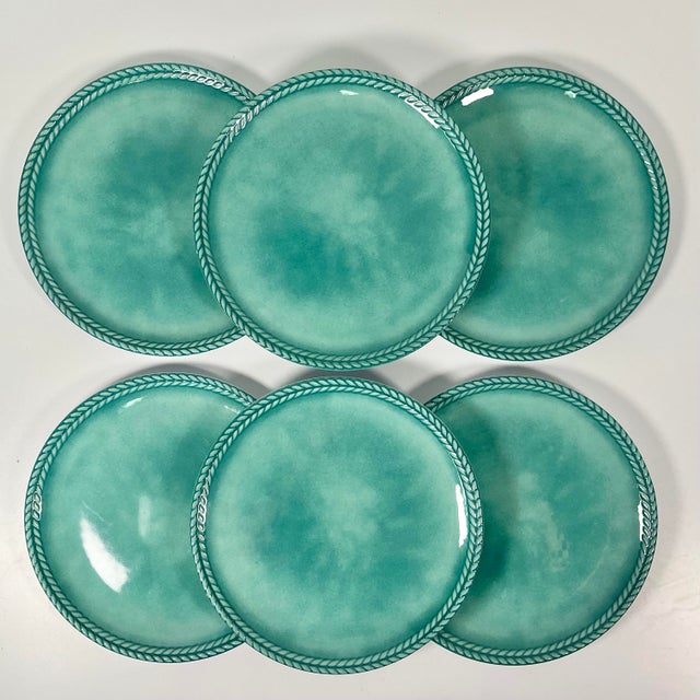 Boho Chic Vintage Italian Boho Chic Faux Ceramic Turquoise Melamine Dinner Plates - Set of 6 For Sale - Image 3 of 8