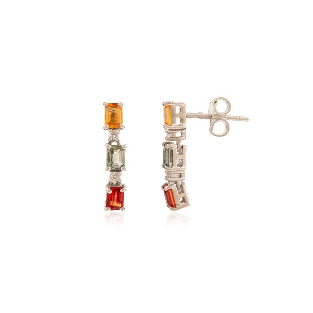 Mid-Century Modern Elegant Multi Sapphire & Diamond Three Stone Silver Drop Valentine Earrings- A Pair For Sale - Image 3 of 10