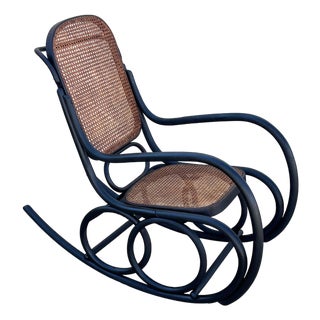 Early 20th Century Late Victorian Czechoslovakian Oak Scrolling Rocking Chair W/ Wicker Seat For Sale