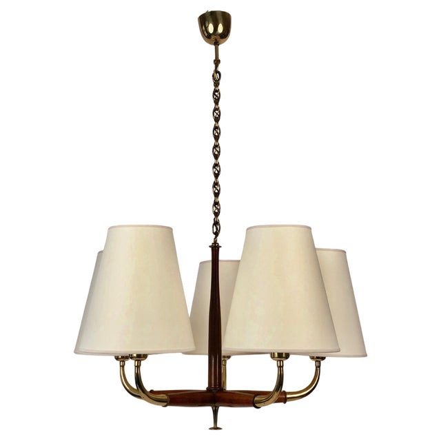 Chandelier in Brass and Walnut by Josef Frank, 1930s For Sale