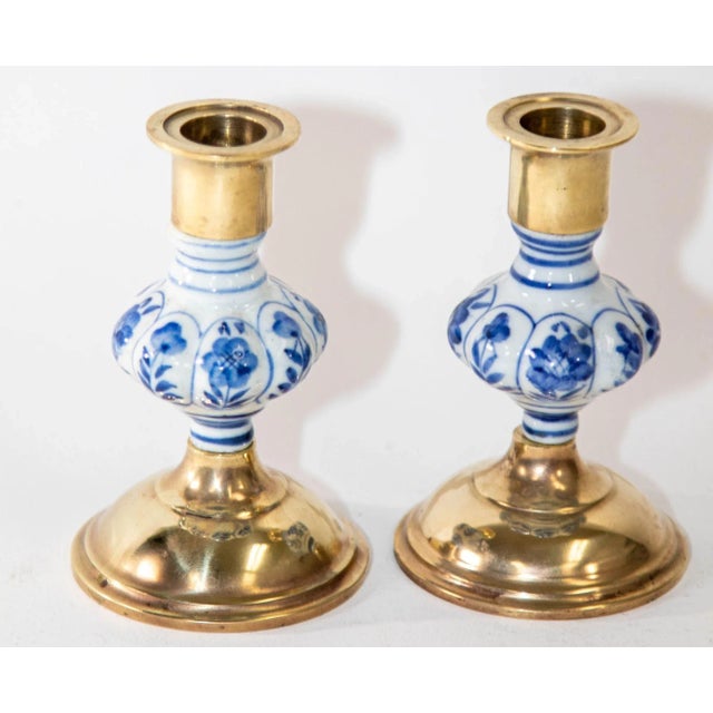 Folk Art Vintage Delft Floral Blue and White Ceramic and Brass Candlesticks, a Pair 1950s For Sale - Image 3 of 9