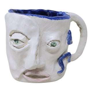 2010s Handcrafted Decorative Mug - Faces on 2 Sides - Blue Eyes and Green Eyes - Ooak For Sale