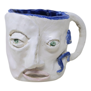 2010s Handcrafted Decorative Mug - Faces on 2 Sides - Blue Eyes and Green Eyes - Ooak