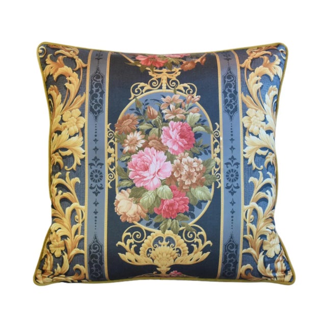 Custom-tailored pillow in Brunschwig & Fils cotton fabric with a beautiful, colorful rose floral theme. Gold-colored...