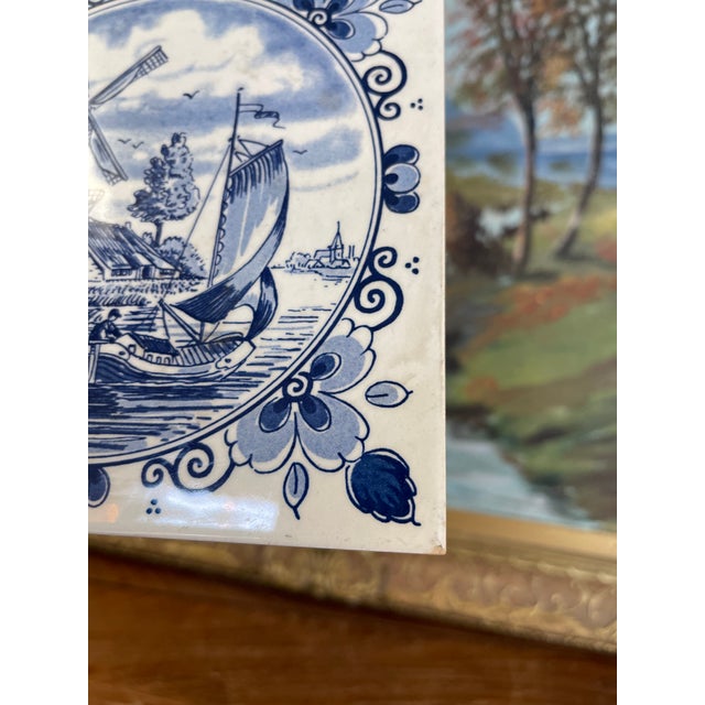 Traditional Vintage Dutch Delft Blue Ceramic Tile by Schoonhoven Keramiek, Holland - Windmill and Sailboat Scene. For Sale - Image 3 of 9