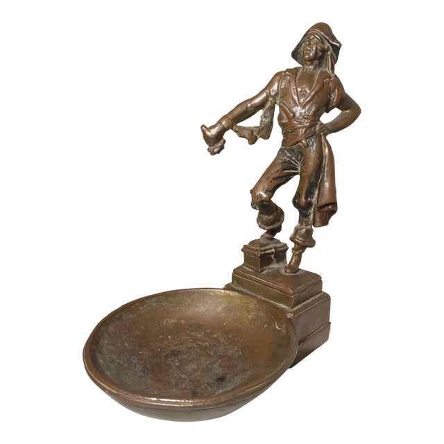 Antique Detailed Bronze Clad Figural Paul Herzel Pirate Ashtray Tray Statue For Sale