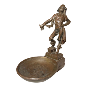 Antique Detailed Bronze Clad Figural Paul Herzel Pirate Ashtray Tray Statue