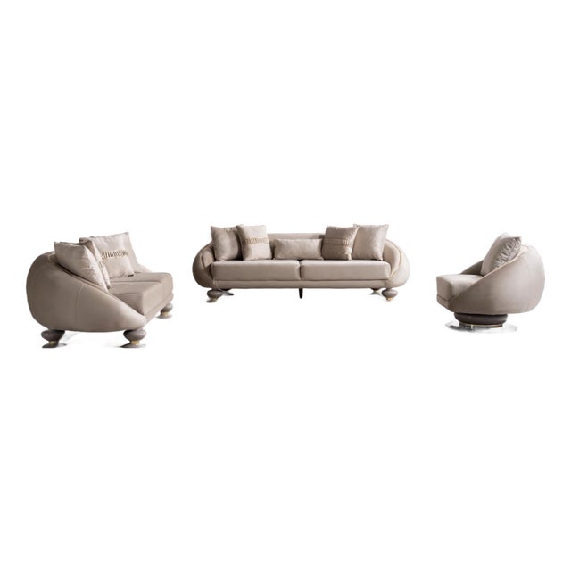 Elysium Neutral 3-Piece Sofa Set by Casa Milano - Curved Modern Luxury With Gold Details For Sale
