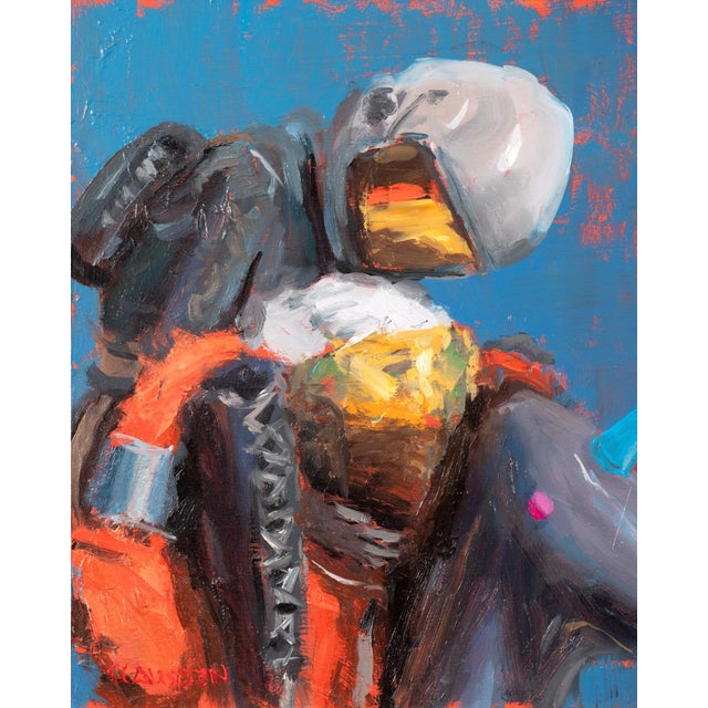 I Carry You Study by Andreas Claussen | Oil on panel figure holding a colorful object. For Sale